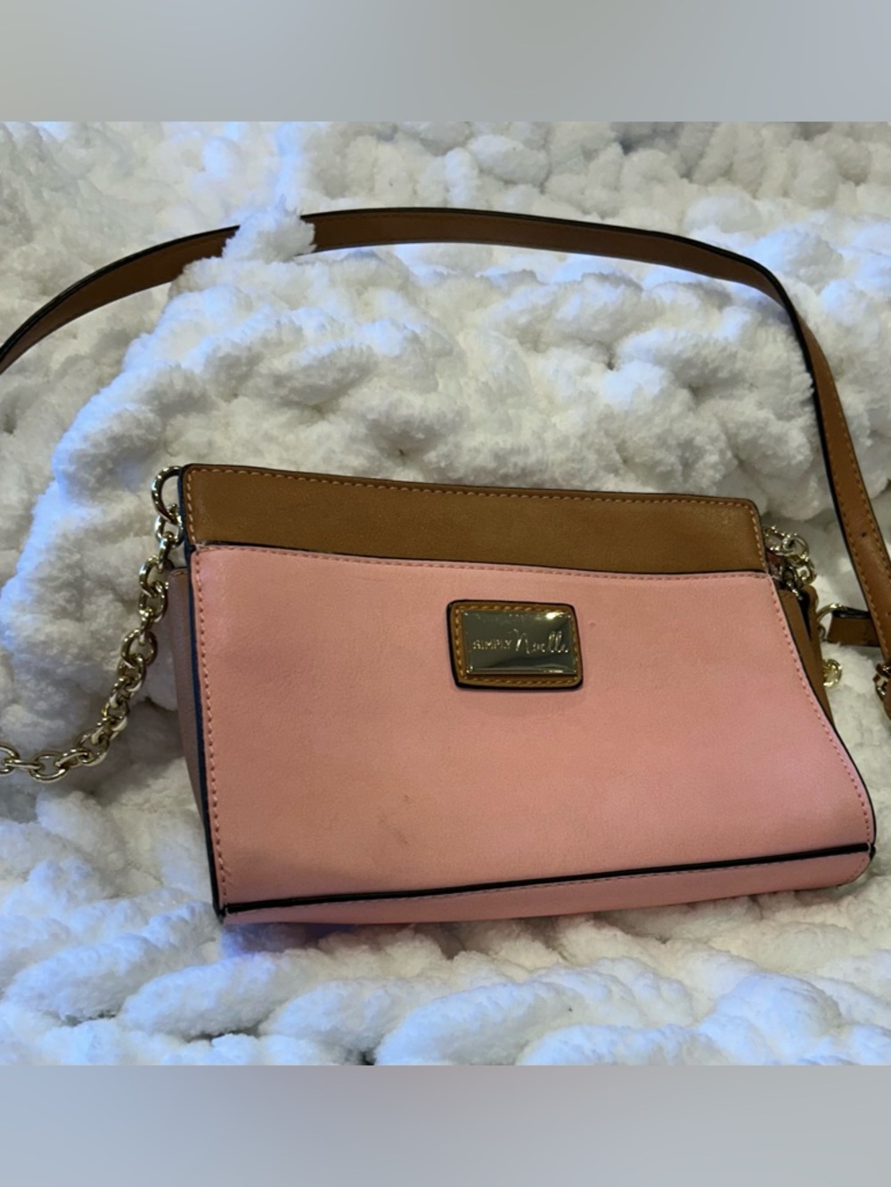 Simply Noelle Pink and Tan Leather Crossbody with Gold Chain